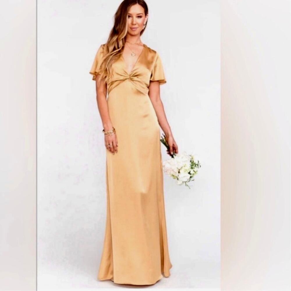 Show Me Your MuMu Rome Twist Empire Waist Gown True Gold Luxe Satin Size XS NEW
